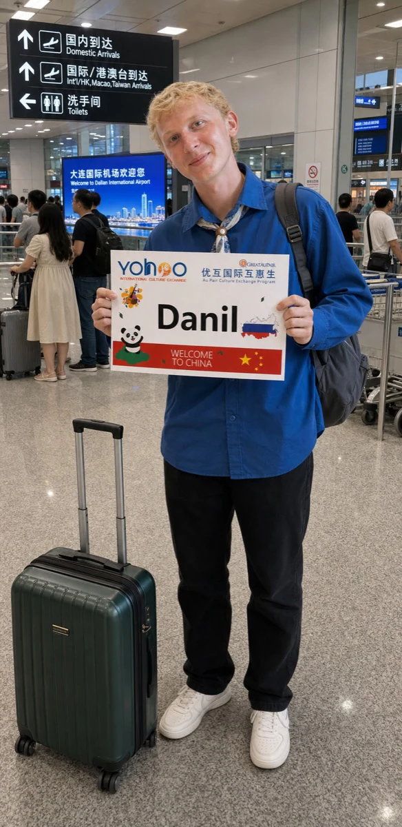 Danil arriving in China with his personalised Yohoo welcome board